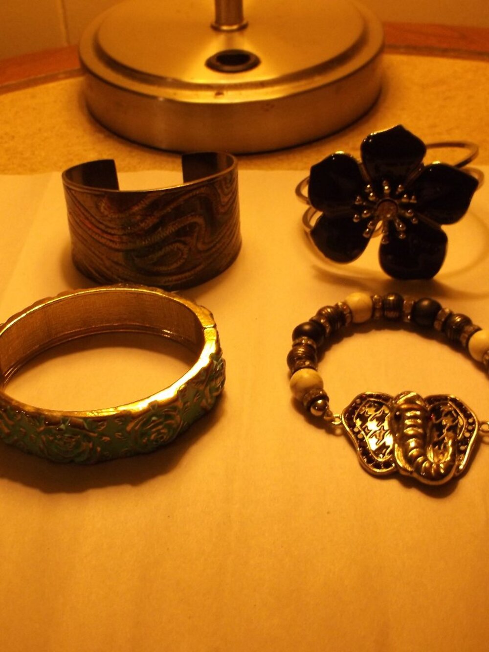 4‑Bracelet Bundle • Floral Hinged Bangles • Silver Cuff • Elephant Stretch Charm